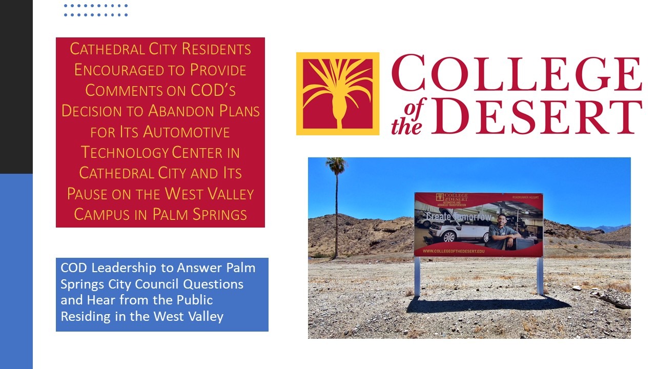 COD President/Superintendent Martha Garcia to Respond to Questions on Planned West Valley Campus at Palm Springs City Council Meeting on Thursday, February 10