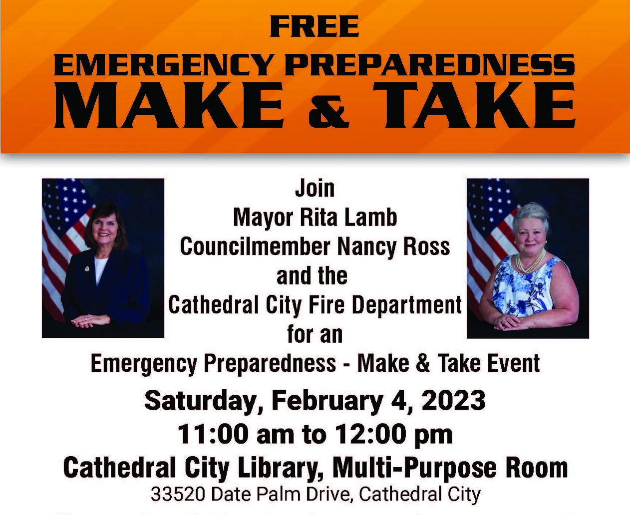 Join Mayor Rita Lamb, Councilmember Nancy Ross & Cathedral City Fire for Emergency Preparedness Event