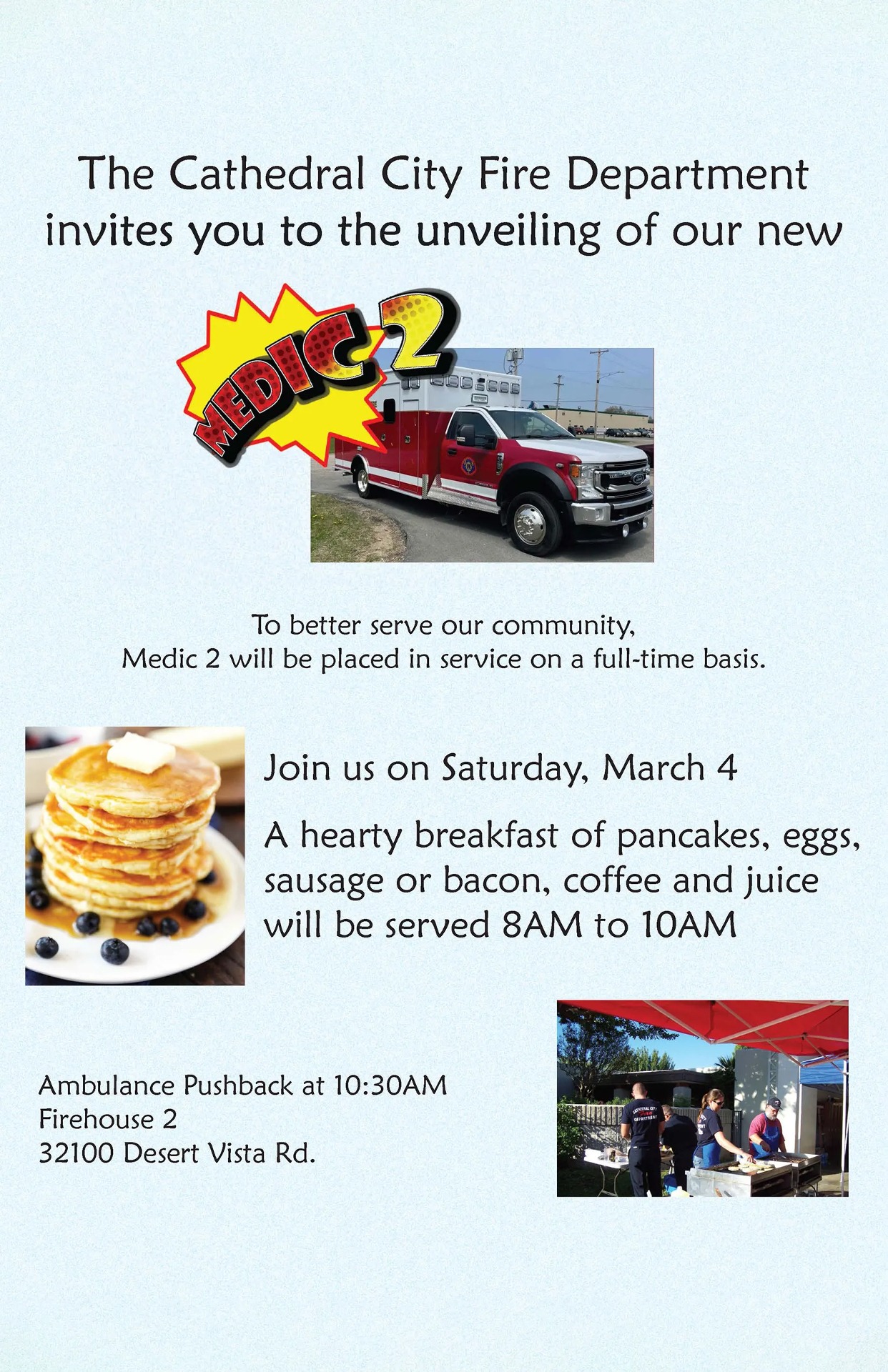 Join Cathedral City Fire Department for Breakfast Celebrating New Ambulance on Sat. March 4, 2023